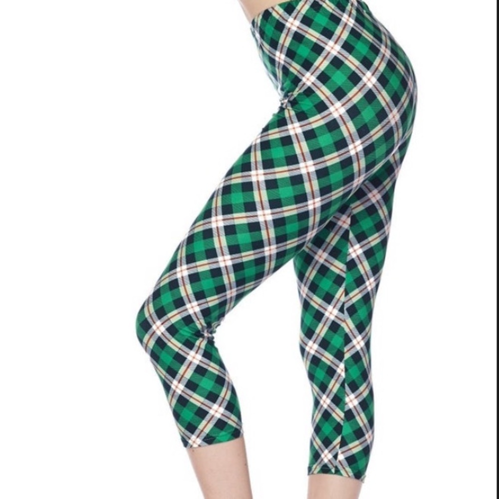 Green Tartan Print Capri Leggings, OS